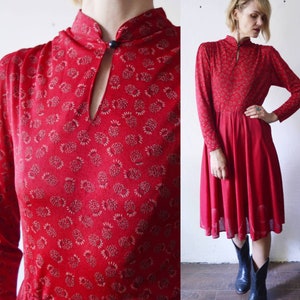 70s 80s red keyhole front patterned boho midi dress - medium