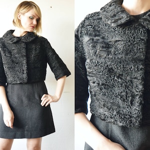 60s 70s cropped elegant genuine black Persian lamb Karakul fur jacket - medium to large