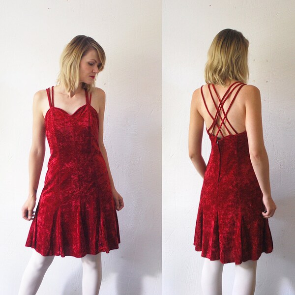 80s blood red crushed velvet dress. bustier dress. skater dress. cross strap dress - medium