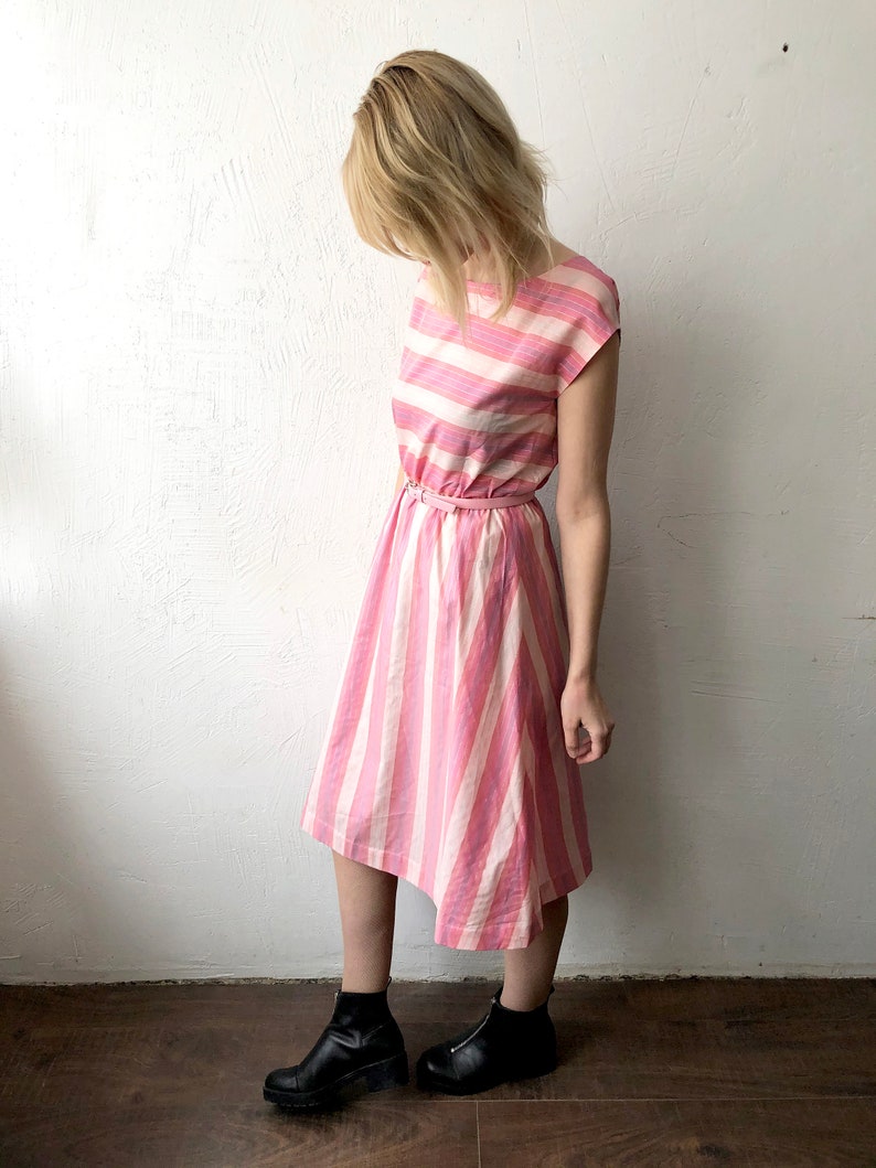 belted summer dress small to medium 60s 70s candy pink stripe dress with belt