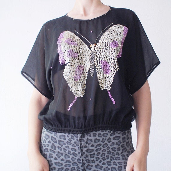 80s Sequin Butterfly Top. Sheer Black Chiffon Top. Slouch