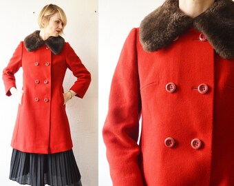 60s 70s red wool double breasted winter coat with sheepskin fur collar - medium, petite