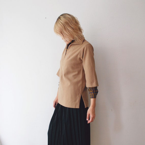60s 70s beige wool tunic coat. zipped front bell … - image 4