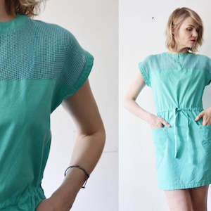70s 80s mint green cotton drawstring waist summer mini dress with pockets - medium