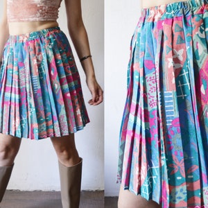 80s 90s silky multi colored abstract print full pleated mini skirt - small