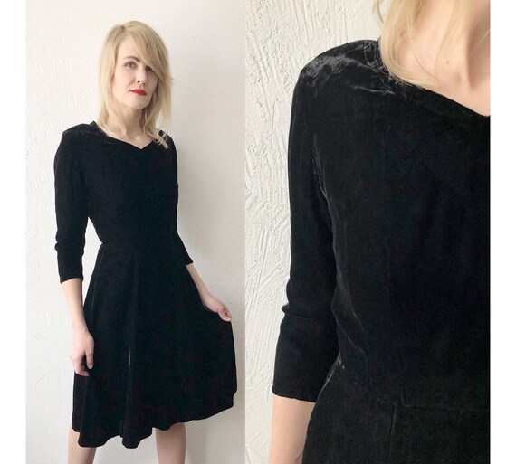 40s 50s handmade black silk crushed velvet dress.