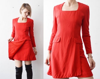 60s 70s bright red crepe faux wrap mod mini dress - small to medium