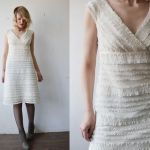 90s vintage TADASHI dress. cream white textured sleeveless mesh layer empire waist mini dress - medium