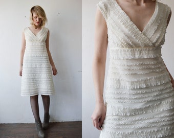 90s vintage TADASHI dress. cream white textured sleeveless mesh layer empire waist mini dress - medium