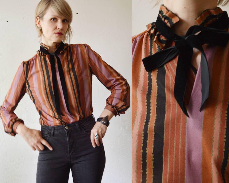 70s Victorian Revival Striped Ruffle Neck Blouse With Velvet Ties ...