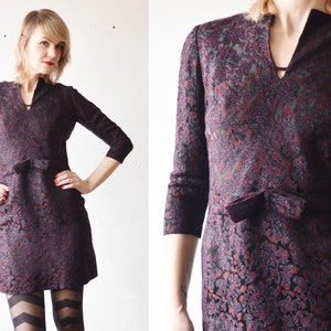 60s dark plum brocade bow front sheath mini dress - xs, small