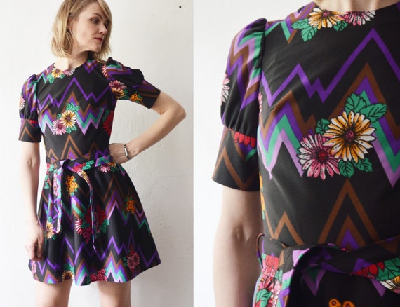 60s 70s black bright psychedelic floral print sho… - image 1