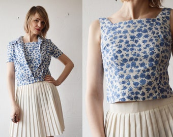 40s 50s vintage handmade cotton white and blue floral set of top and short seeve jacket - xs, small