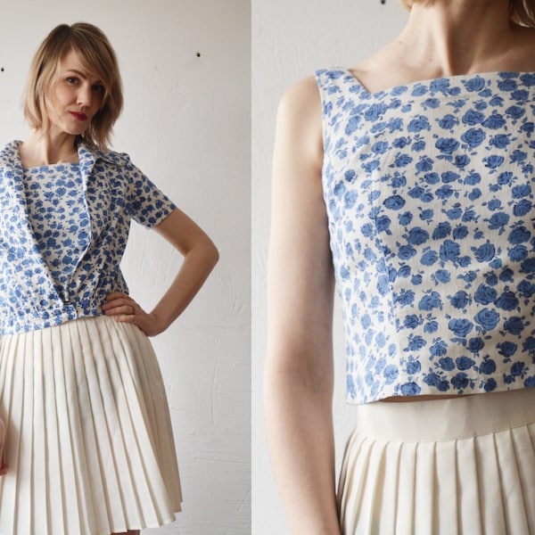 40s 50s vintage coton fait à la main blanc et bleu floral ensemble de top et veste courte seeve - xs, petit