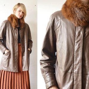 80er Jahre gefütterte warme braune Lederjacke mit Fellkragen - medium