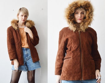 80s 90s sienna brown soft leather suede hooded quilted winter jacket with fur trim - medium