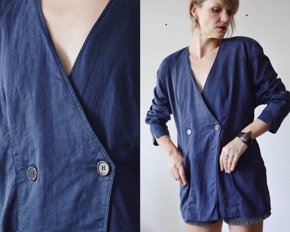 linen／jacket／vintage／oversize／ Vintage Navy Oversized Linen Blazer Jacket - Large, XL - Etsy