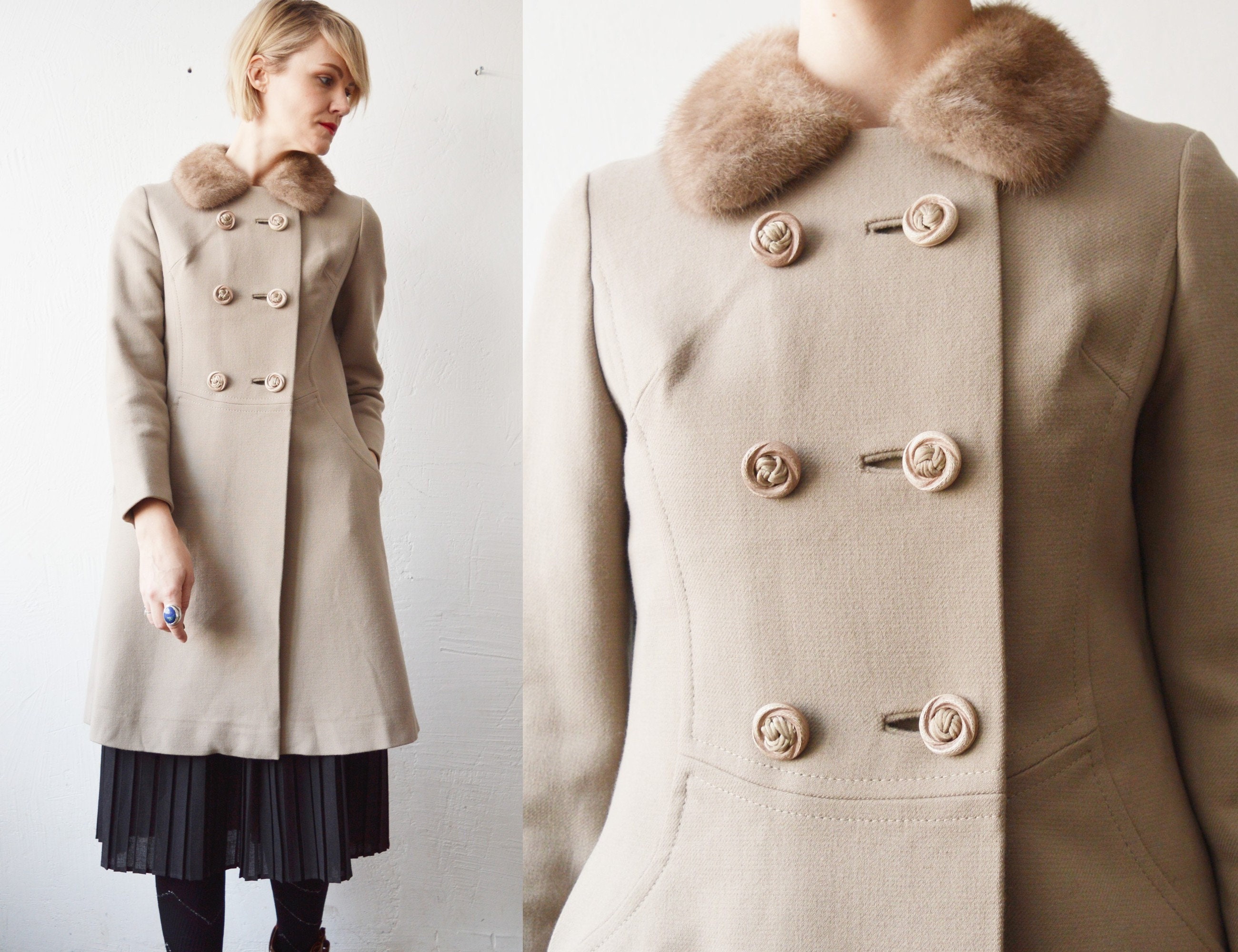 60s Mod Beige Wool Double Breasted Winter Coat. Princess 60s Mod Beige Wool Double Breasted Winter Coat. Princess