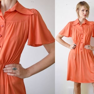 70s salmon orange coral pointy collar short sleeve shirt dress - small