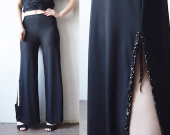 Pantalones anchos palazzo negros semi transparentes semi transparentes de los años 90 con aberturas de cuentas - pequeño, mediano