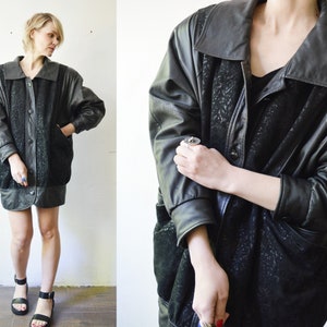 Veste en cuir noir noir texturée des années 80. veste en cuir pour femmes - grande