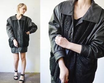 80s textured oversized long slouch black leather jacket. women leather jacket - large