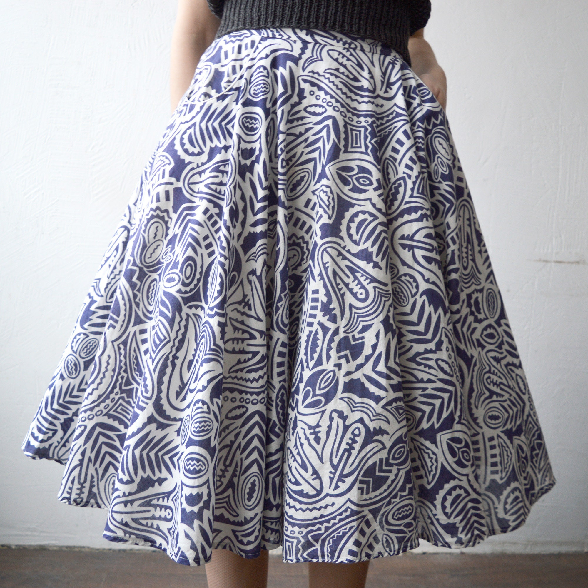70s Does 50s Full Circle Skirt. Printed Cotton Knee Length - Etsy