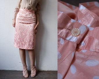 80s vintage pastel pink silky artsy high waist polka dot pencil skirt - medium