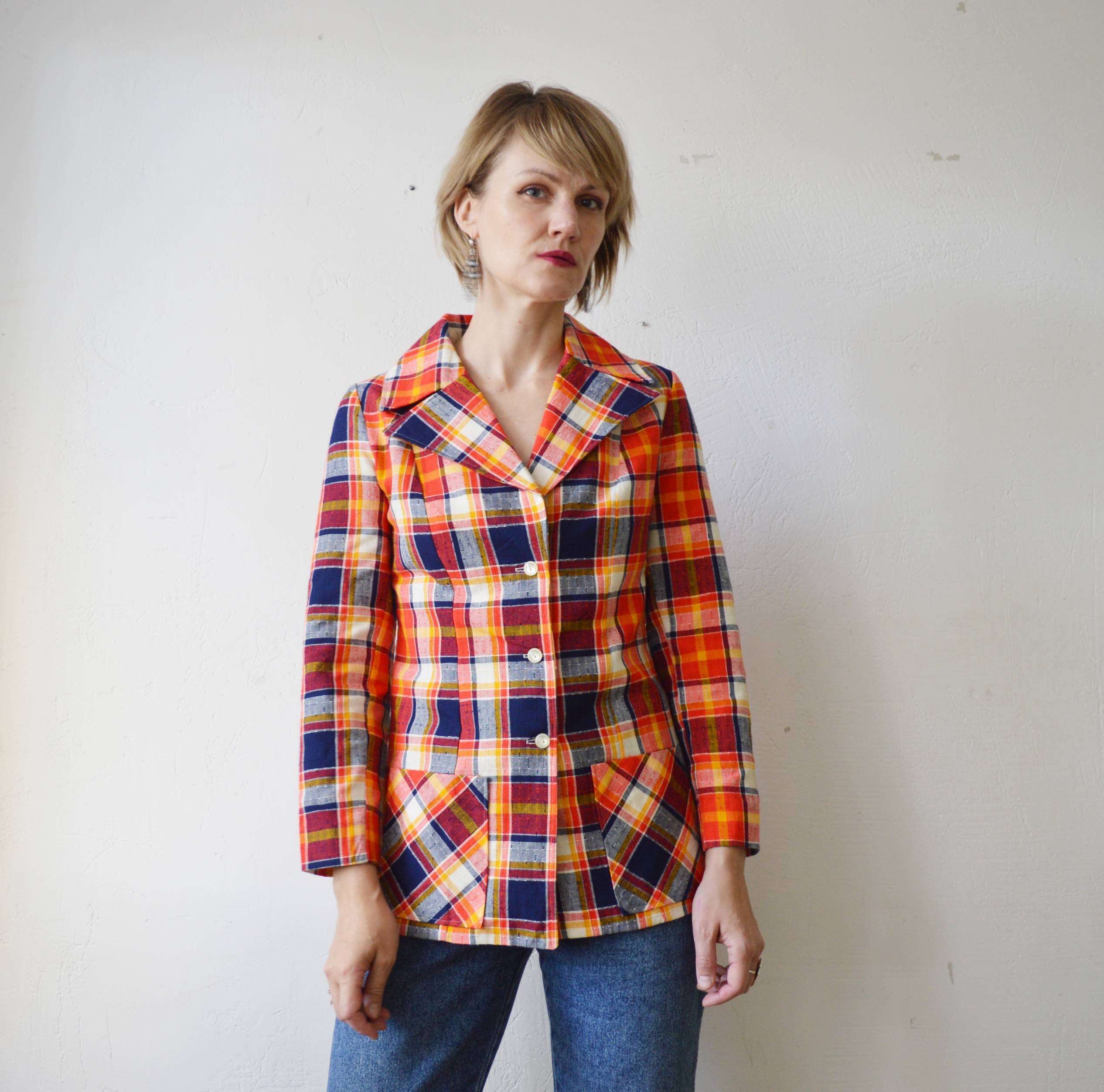70s Plaid Fitted Bright Orange Blue White Flap Collar Jacket 70s Plaid Fitted Bright Orange Blue White Flap Collar Jacket