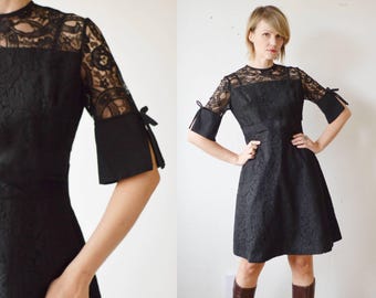 60s 70s black gothic lace panel knee length dress - M