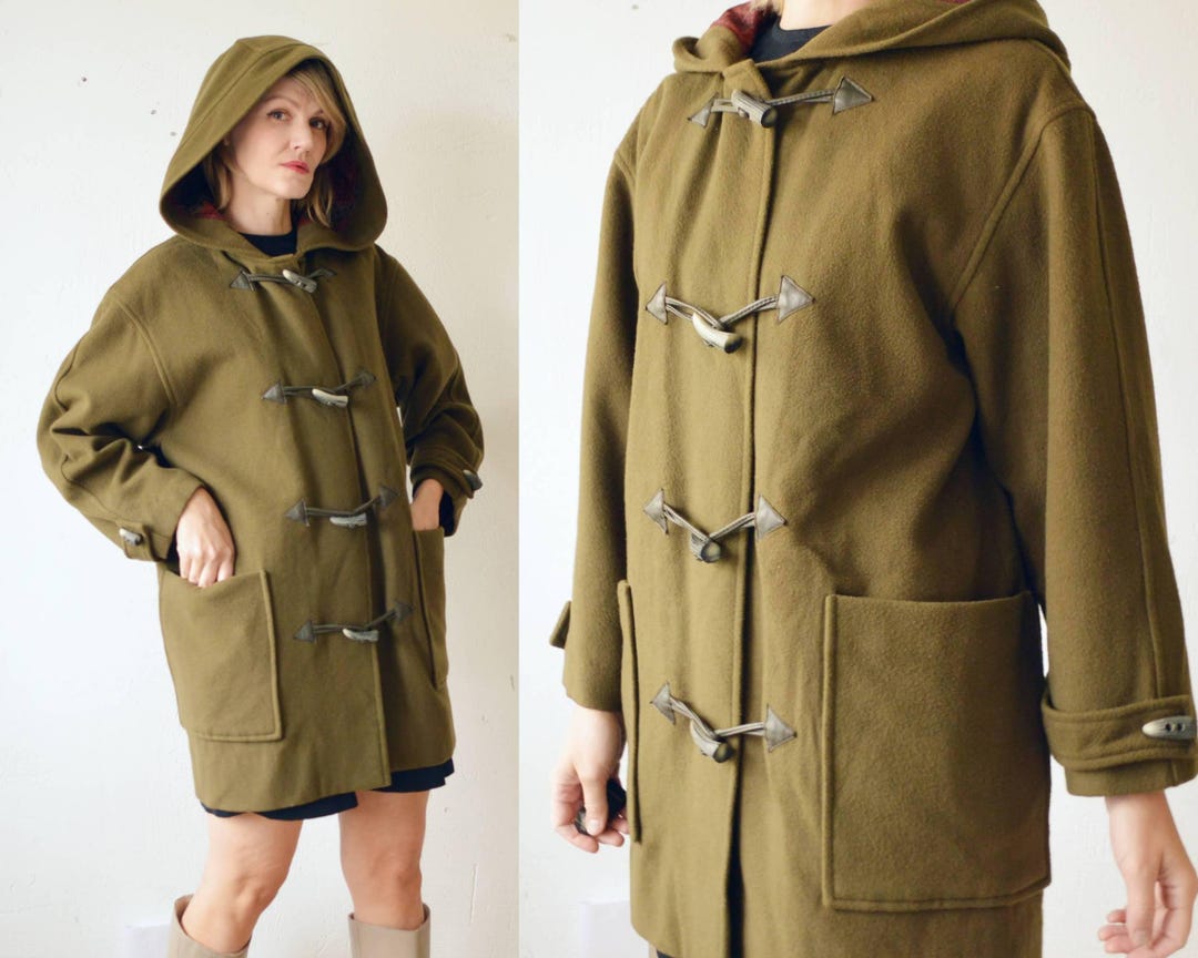70s 80s Khaki Wool Toggle Button Duffle Coat With Hood - M / L - Etsy