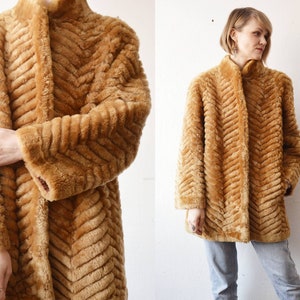 70s 80s golden beige textured sheared fur swing coat - large