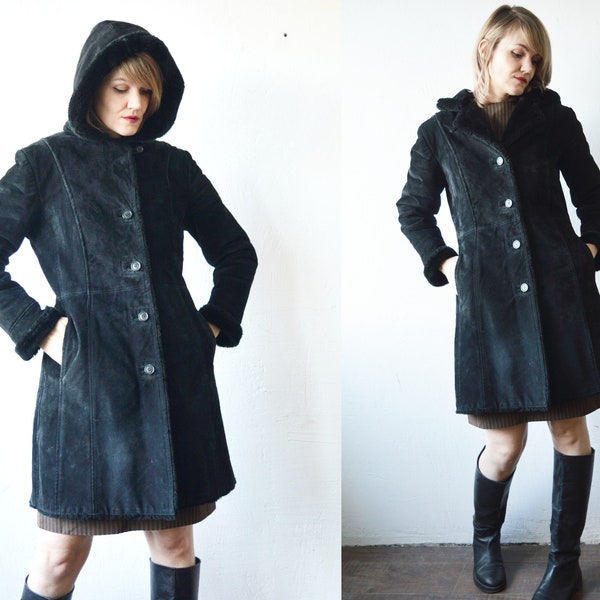 90s SAKI black suede and faux shearling coat. princess coat with hood - small to medium