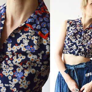 70s handmade hippie floral crop top with pointy collar - medium