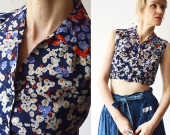 70s handmade hippie floral crop top with pointy collar - medium