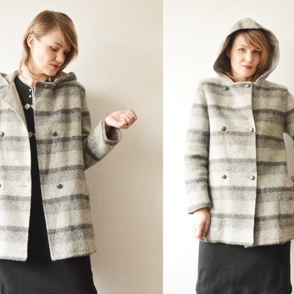 70s 80s Finnish vintage short gray stripe wool trapeze coat with hood - small to medium