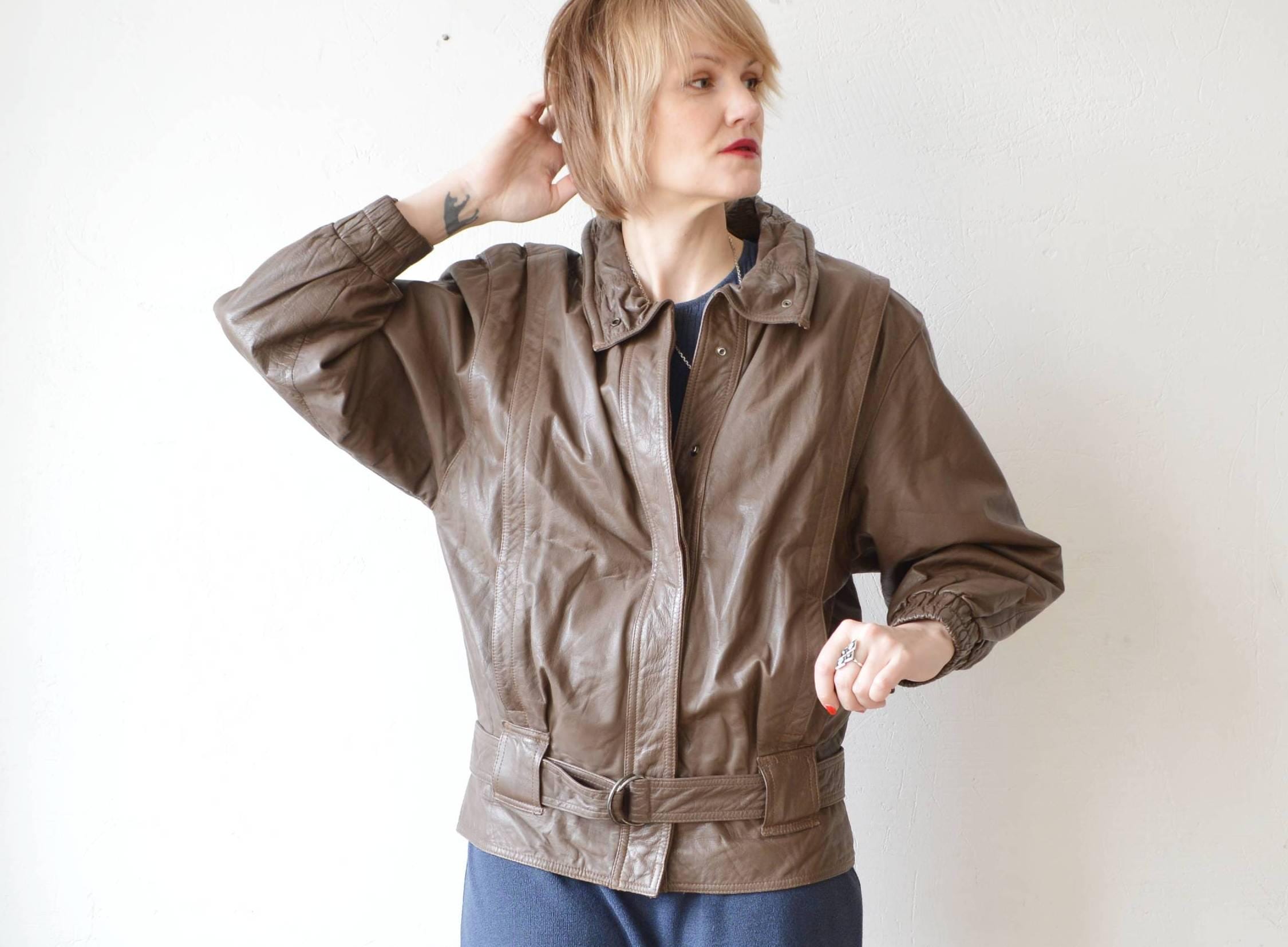 80s Betty Barclay Taupe Leather Bomber Jacket With Belted Hem