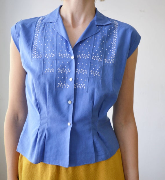 Camicetta estiva ricamata azzurra a maniche corte anni 50 grande Etsy Italia