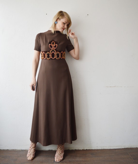60s beaded maxi dress. brown wool dress with boho orange bead decors. 60s evening gown - xs, small 60s beaded maxi dress. brown wool dress with boho orange bead decors. 60s evening gown - xs, small