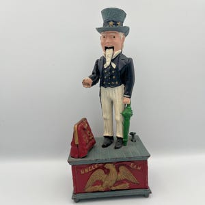 Vintage Uncle Sam Cast Iron Mechanical Coin Bank w/ Plug