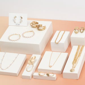 Gold Chain Necklace, Hoop Earrings, Pearl Bracelet, Gold Ring, Minimalist Jewelry Set