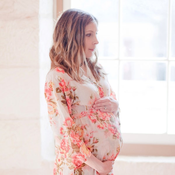 White Rosy Red Posy Floral Ankle length Maternity Robe | Hospital Gown, Labor gown, Delivery gown, nursing mothers to be moms Pregnancy robe