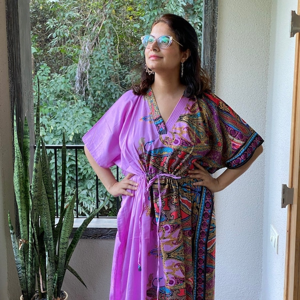 Cheerful Paisleys Caftan - Softest Cotton free flowing kaftan dress - Perfect as house dress, lounge wear, beachwear, muumuu, mumu