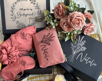 Boho Botanical Themed Personalized Bridesmaid Proposal Box or Thank you Gift Box with Ruffle Robes or Pjs, Will You Be My Bridesmaid Box