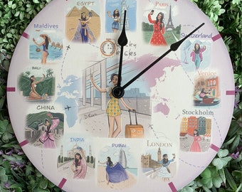 Happiness is traveling around the world Clock | Travelling Solo Gift Ideas | Unique Clock | Me-time Gifts | 3 sizes - 8 Inch, 15 Inch & 2 Ft