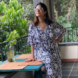 Grid Land in Black &quot;Timeless&quot; Style Caftan | Soft Jersey Knit Organic Cotton | Perfect Loungewear House Dress | Long Maxi Dress