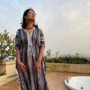 Zigzag Zoom "Timeless" Style Caftan | Soft Jersey Knit Organic Cotton | Perfect Loungewear House Dress | Long Maxi Dress