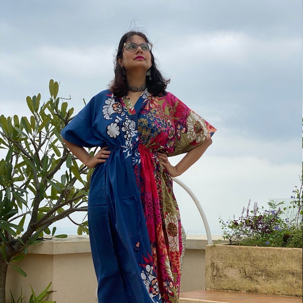 Vibrant Foliage Caftan - Softest Cotton free flowing kaftan dress - Perfect as house dress, lounge wear, beachwear, muumuu, mumu