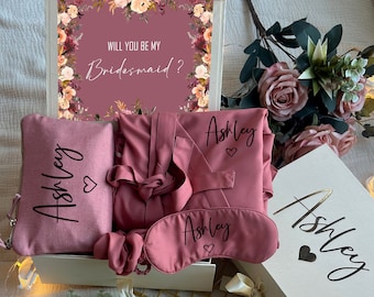 DesertRose & Ivory Themed Personalized Bridesmaid Proposal Box or Thank you Gift Box with Ruffle Robes or Pjs, Will You Be My Bridesmaid Box