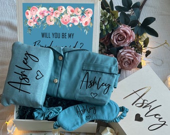 Dusty Blue & Blush Themed Personalized Bridesmaid Proposal Box or Thank you Gift Box with Ruffle Robes or Pjs, Will You Be My Bridesmaid Box